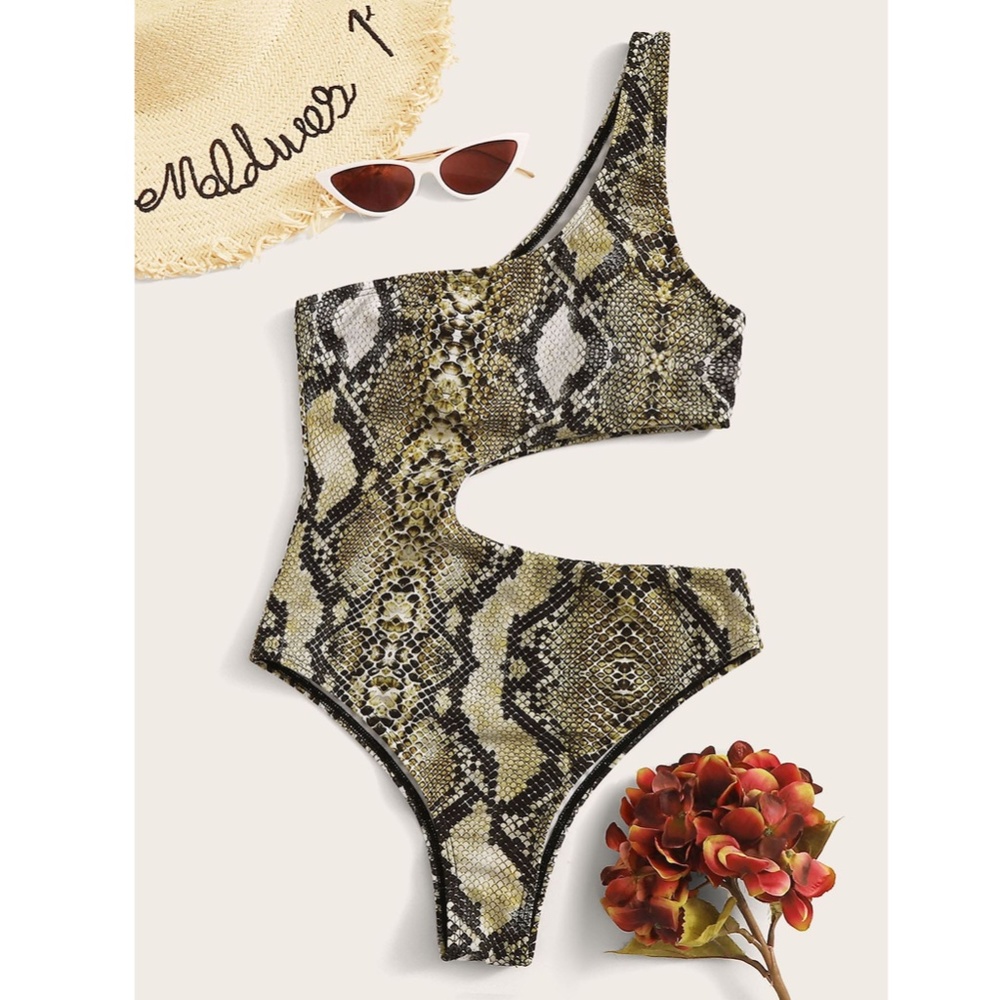 Reptile Print Asymmetrical Swimsuit One Piece - Picture 2 of 7